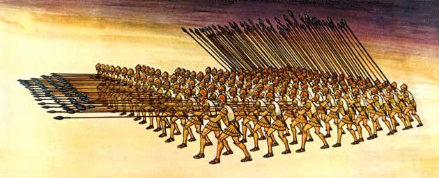 A drawing of the Macedonian phalanx, designed by Philip II, a basic factor in the military achievements of the Macedonians.